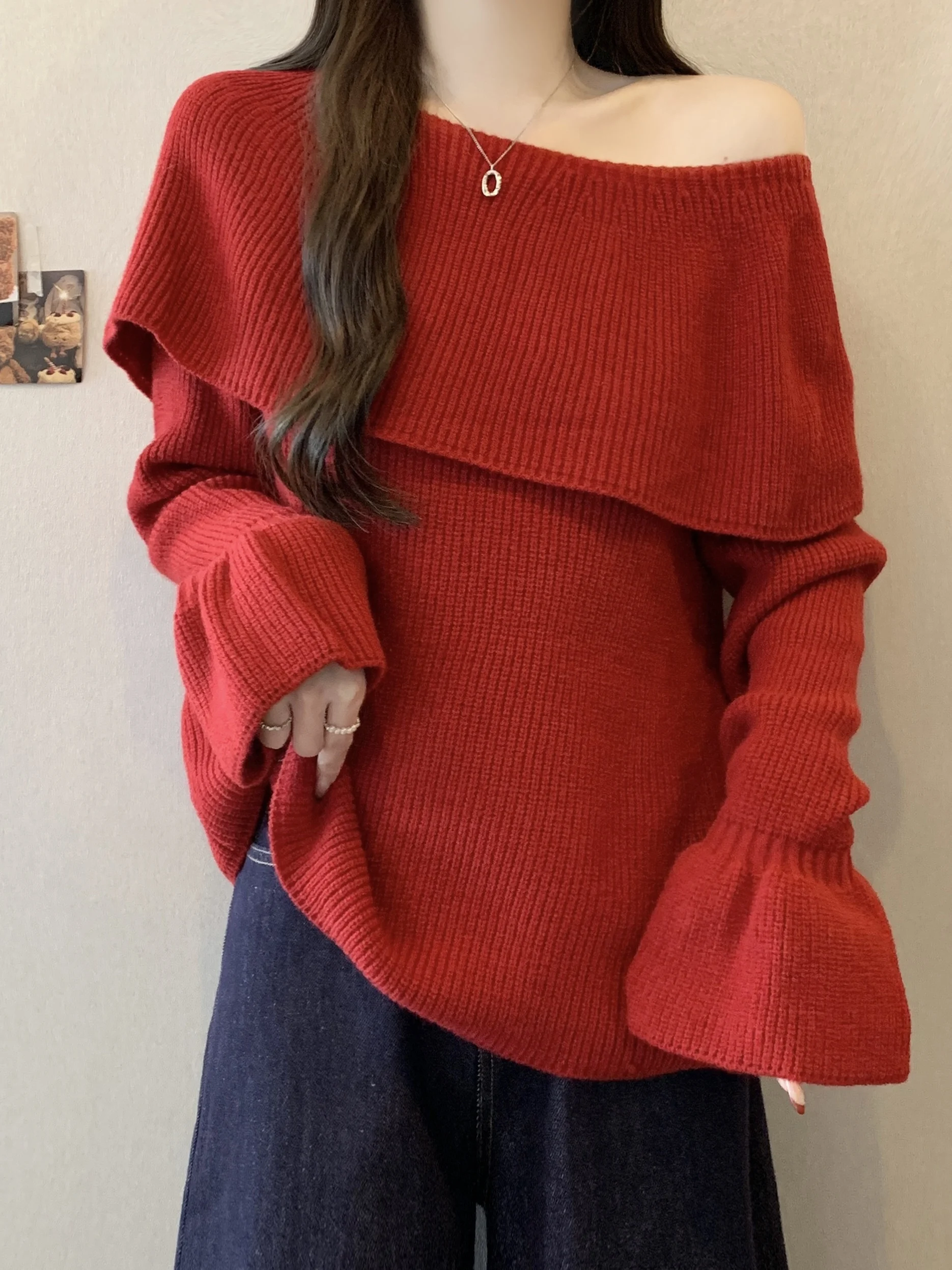 

Red One-Shoulder Knitted Sweater Korean Style Lazy Fashion Women's Autumn Winter plus Size Warm Comfortable Breathable Top