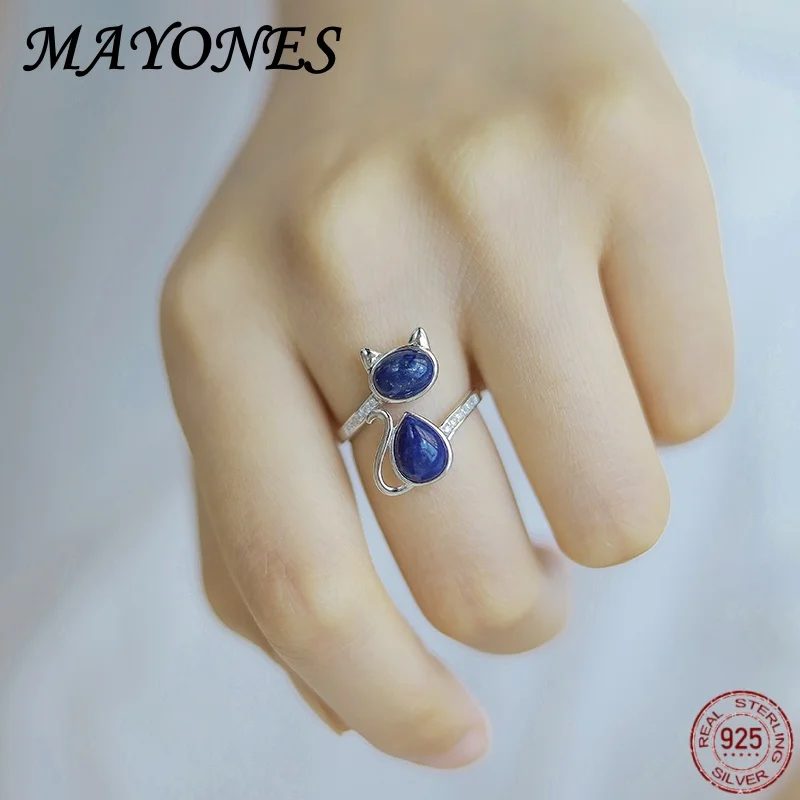 True 925 Sterling Silver Natural Lapis lazuli Ring Vintage Cute Fox Cat Ladies Exquisite Jewelry Free Delivery