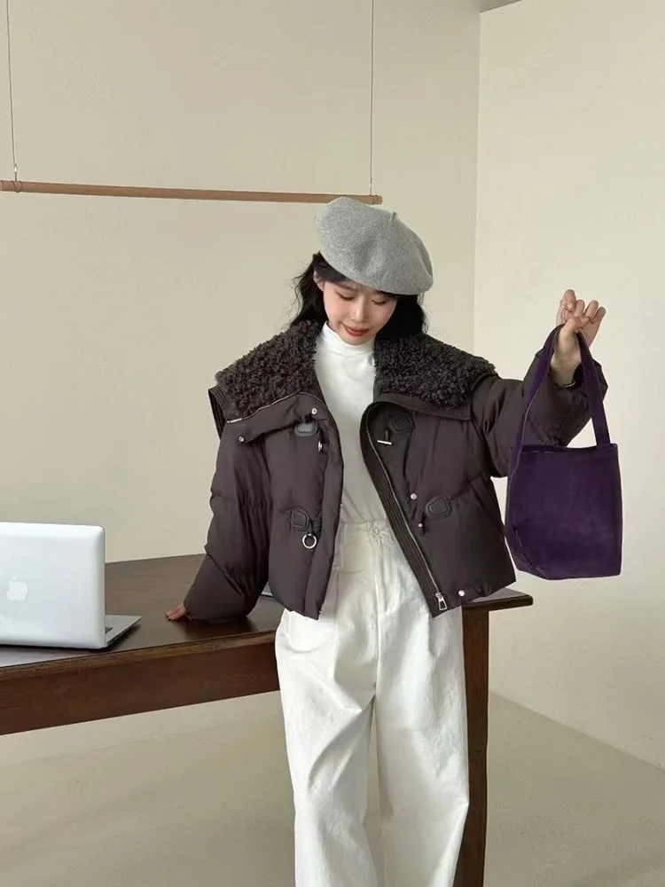 Winter new lamb down jacket women's short style cow horn buckle fashionable versatile white duck down splicing jacket