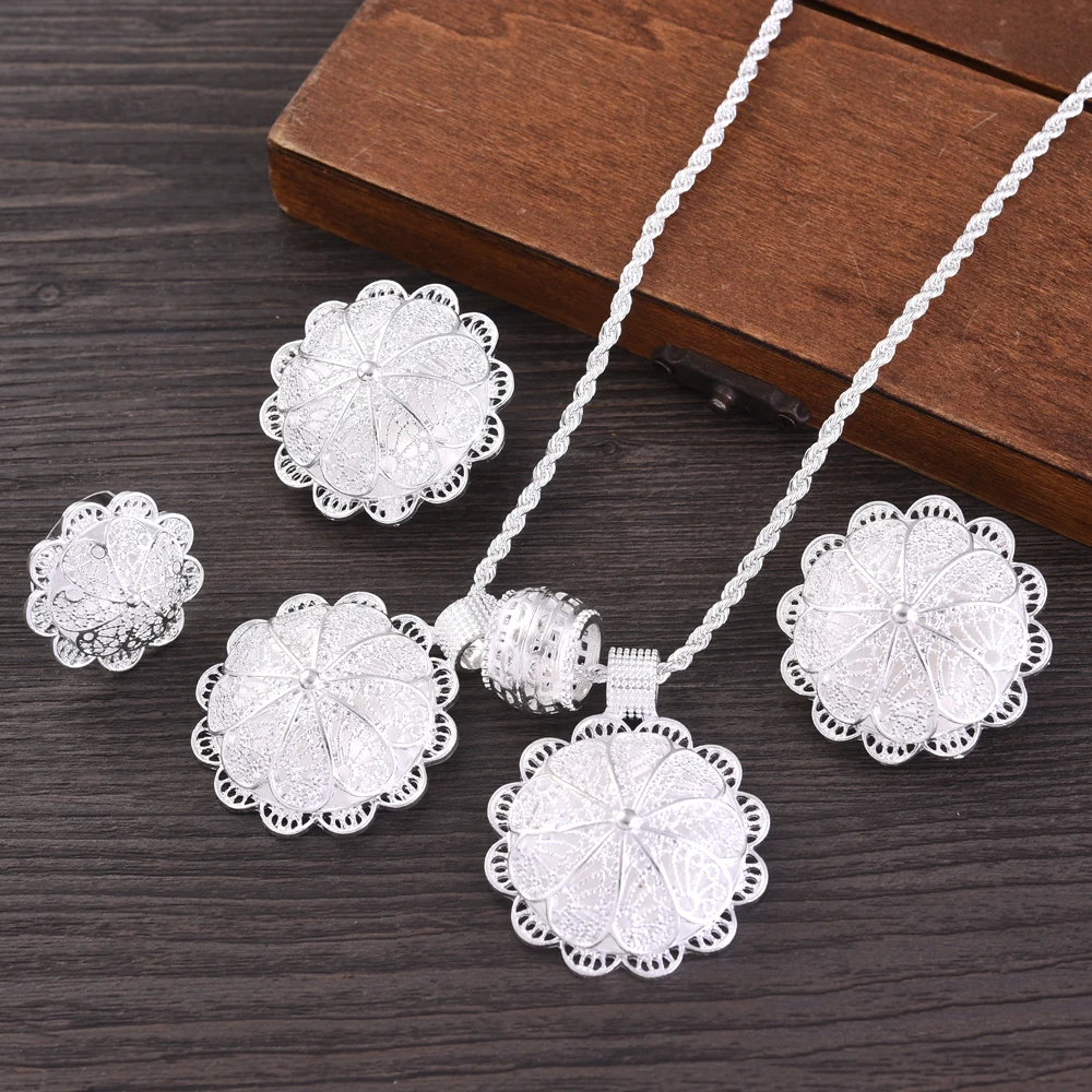 Ethiopian Silver Plated Bridal Jewelry Sets Necklace Earrings Ring Gifts Wedding Jewellery Set For Women
