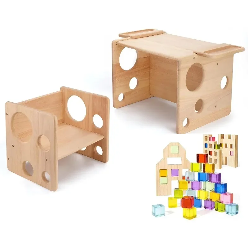 

Multifunctional children's table and chair set Natural solid wood activity table Cube children's chair