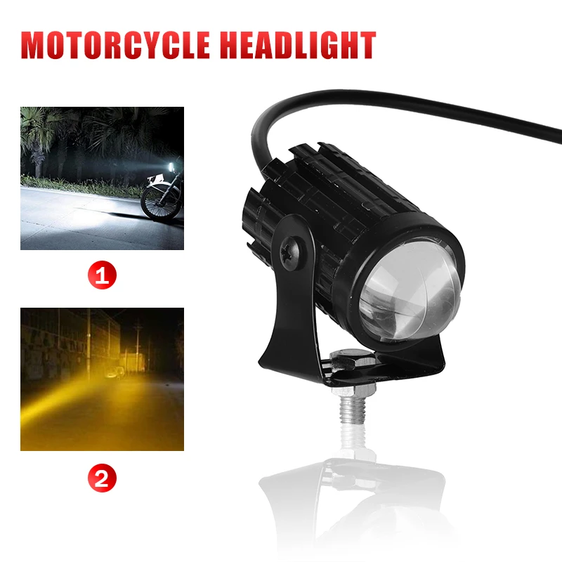 Universal Motorcycle LED Headlight Projector Lens Two-Color ATV Scooter Driving Light Fog Light Auxiliary Spotlight White Yellow