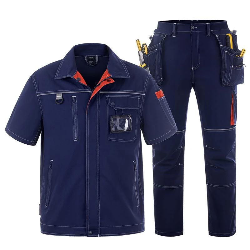 Imagem -02 - Roupa de Trabalho Terno de Soldagem Fina Verão Wear-resistant Uniforme Durável Manga Curta Trabalho Topos Multi Bolso Calças de Carga