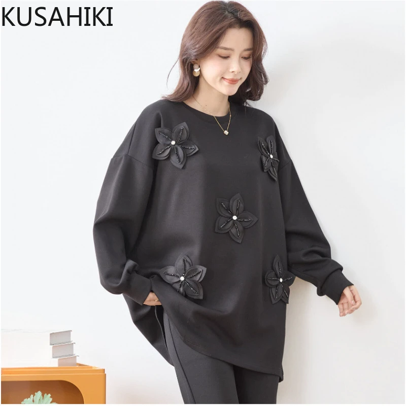 KUSAHIKI Perle 3D Blume frauen Mittlere Länge Hoodie Mode Frauen Herbst 2024 Neue Pullover Sweatshirt Top Sudadera Mujer