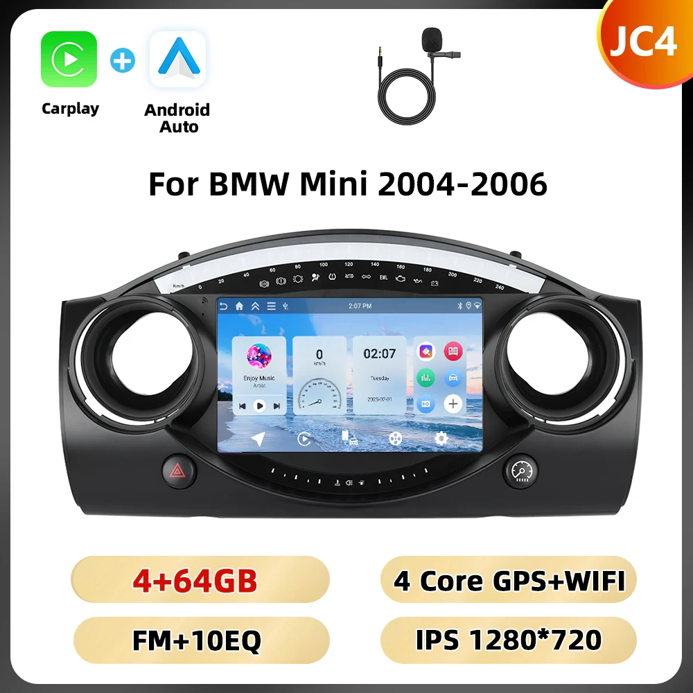 Podofo 8+128G 8-core autoradio voor BMW Mini 2004-2006 multimediaspeler Android Auto Carplay WIFI 4G Qualcomm AI spraakbesturing auto-audio