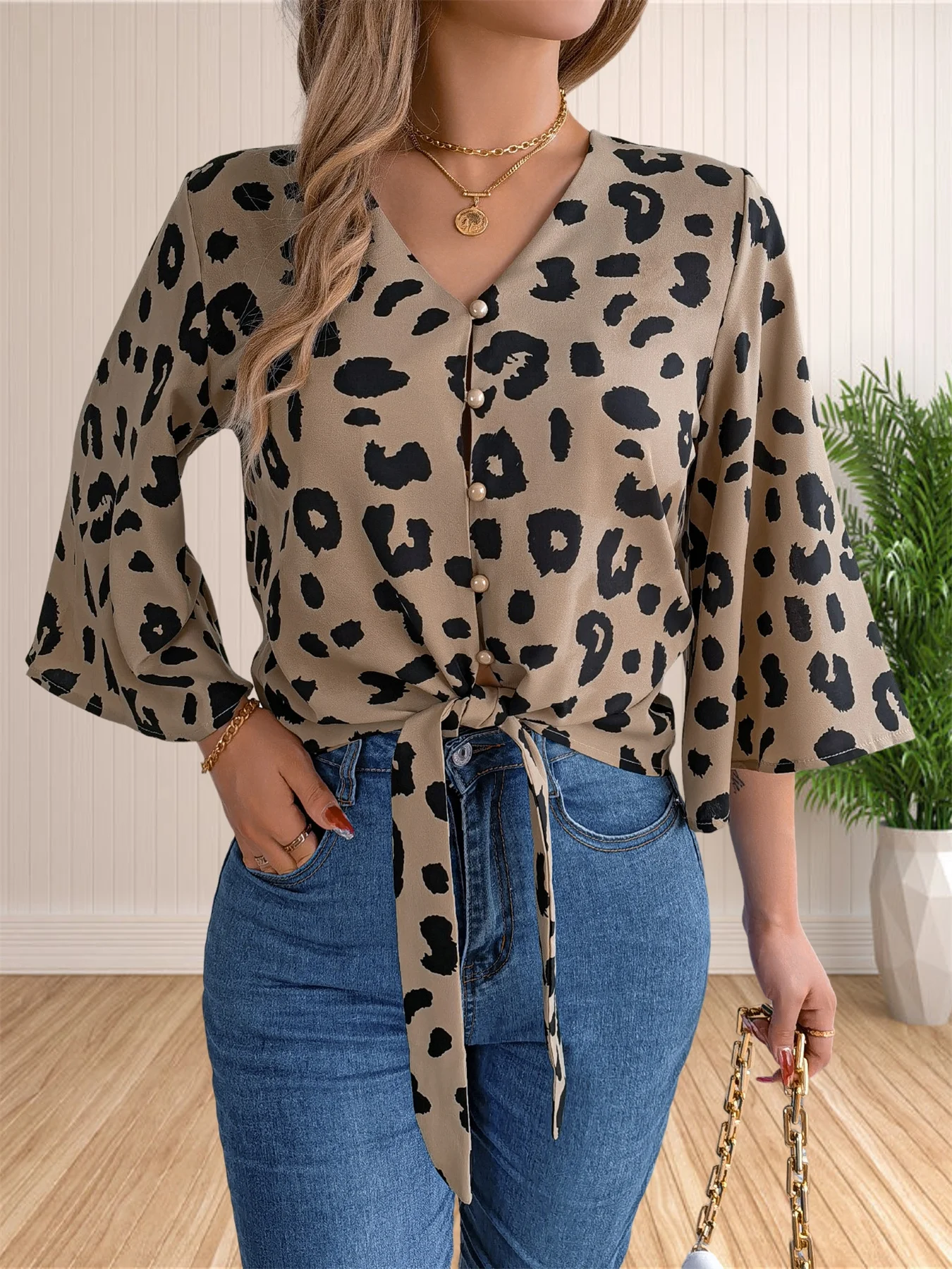 여성용 루즈한 V넥 블라우스, 단추 다운 3/4 소매 타이 매듭 튜닉 셔츠 상의