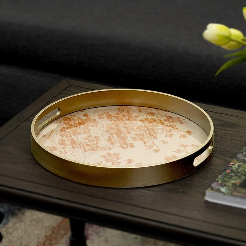 Nordic modern light gold gilt blooming core art decorative tray household luxury soft decoration storage tray tea tray ornament