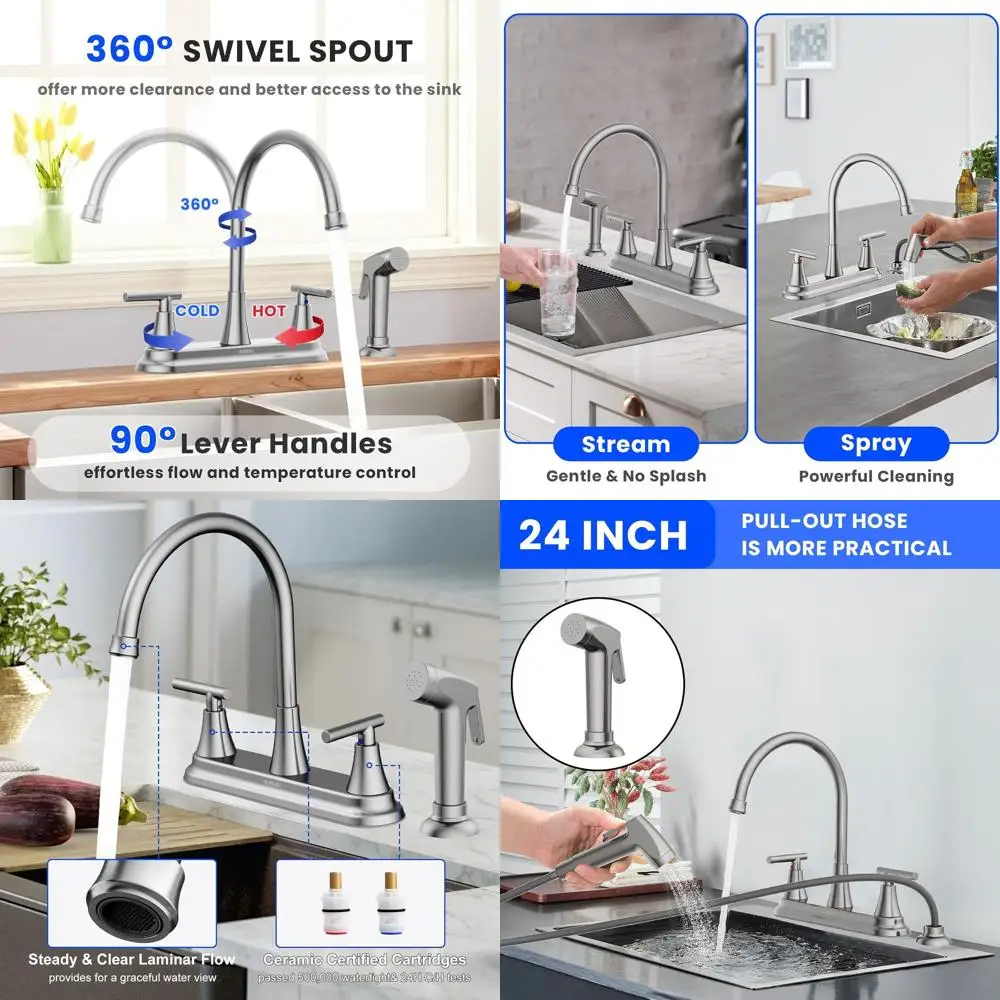 8 صنبور مطبخ بخاخ عالي القوس قابل للسحب، 360 درجة °   دوار، 4 فتحات من الفولاذ المقاوم للصدأ للتخييم RV، لمسة نهائية من النيكل