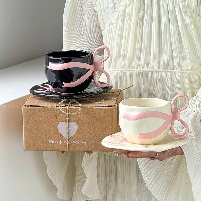 Camellia Poetry Paper Bow Ceramic Coffee Cup and Plate Set for Girls, Exquisite Companion Gift: Afternoon Tea Latte Cup Gift Box