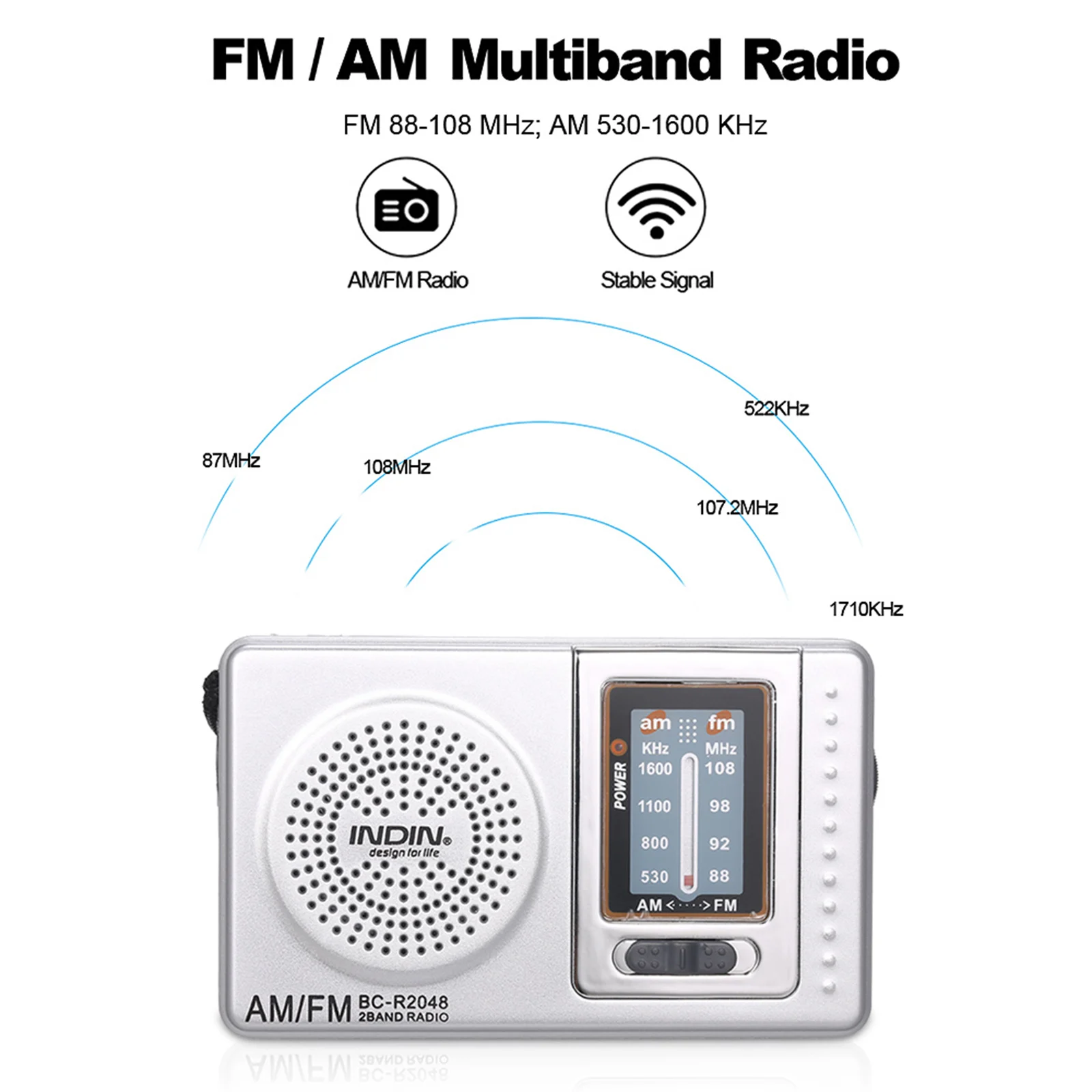 INDIN BC-R2048 Mini AM FM Radio 2 Band Radio Receiver Portable Pocket Radio Built-in Speaker Headphone Jack Telescopic Antenna