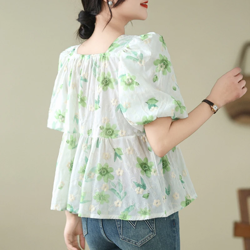 Women Stylish Floral Print Sweet Kawaii Blouse 2024 Summer Square Collar Embroidery Shirts Short Sleeve Loose Tops Casual Blusas