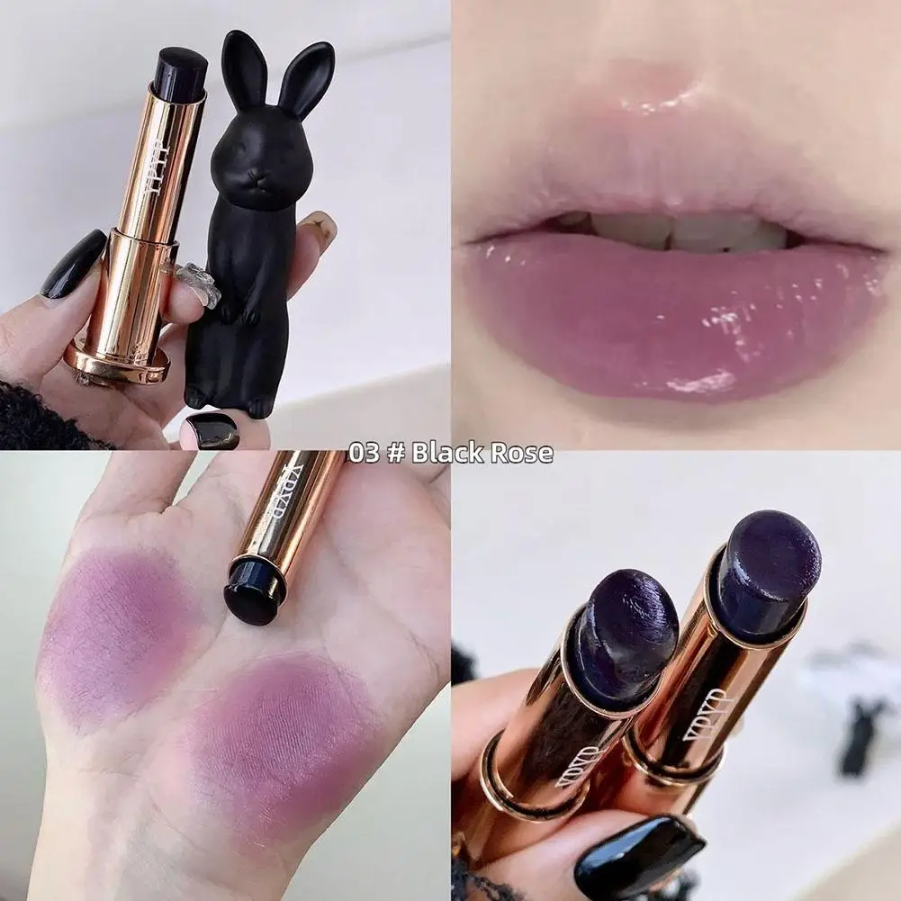 Bálsamo labial negro de conejo, brillo sin sequedad, tinte de labios transparente de melocotón, lápiz labial hidratante, Base de maquillaje para niñas