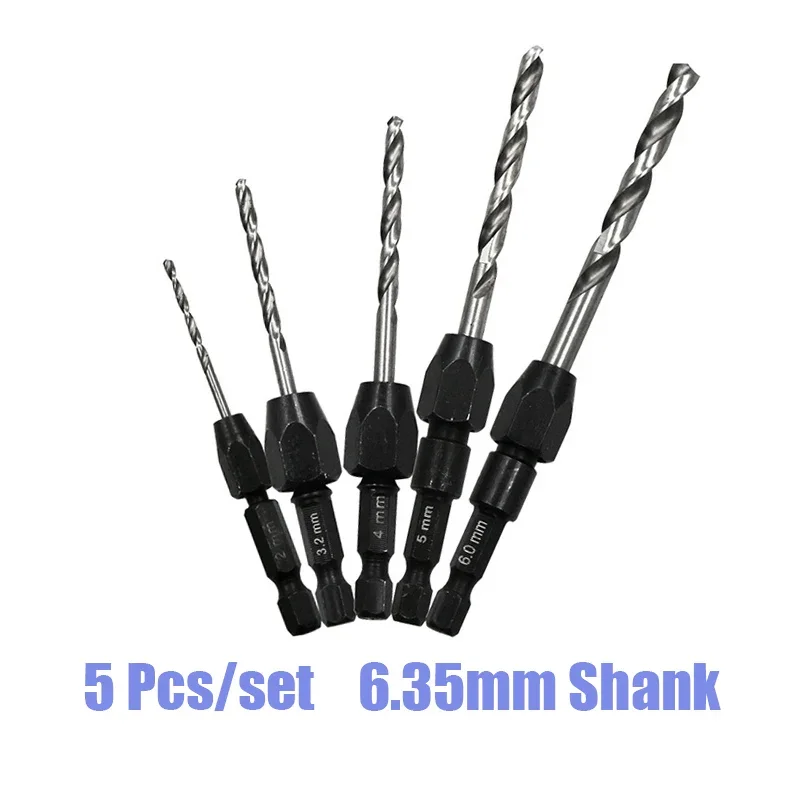 

5Pcs Quick Change Drill Bit Set 6.35mm Hex Shank Metric 2mm-6mm Twist Drill Bit Steel Plate Hole Cutter HSS 6542 Core Drill Bit