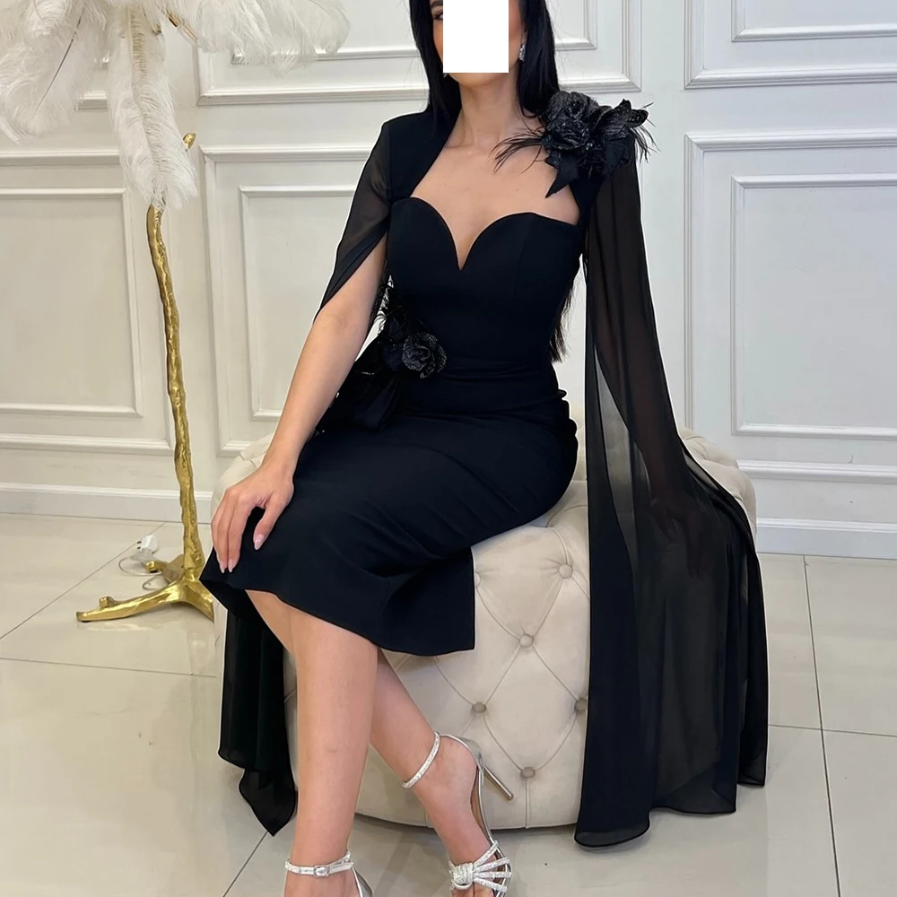 Customized Exquisite Sweetheart Off the Shoulder Feathers Flowers Evening Dress Graceful Jersey Pleats  Black Vestido De Festa