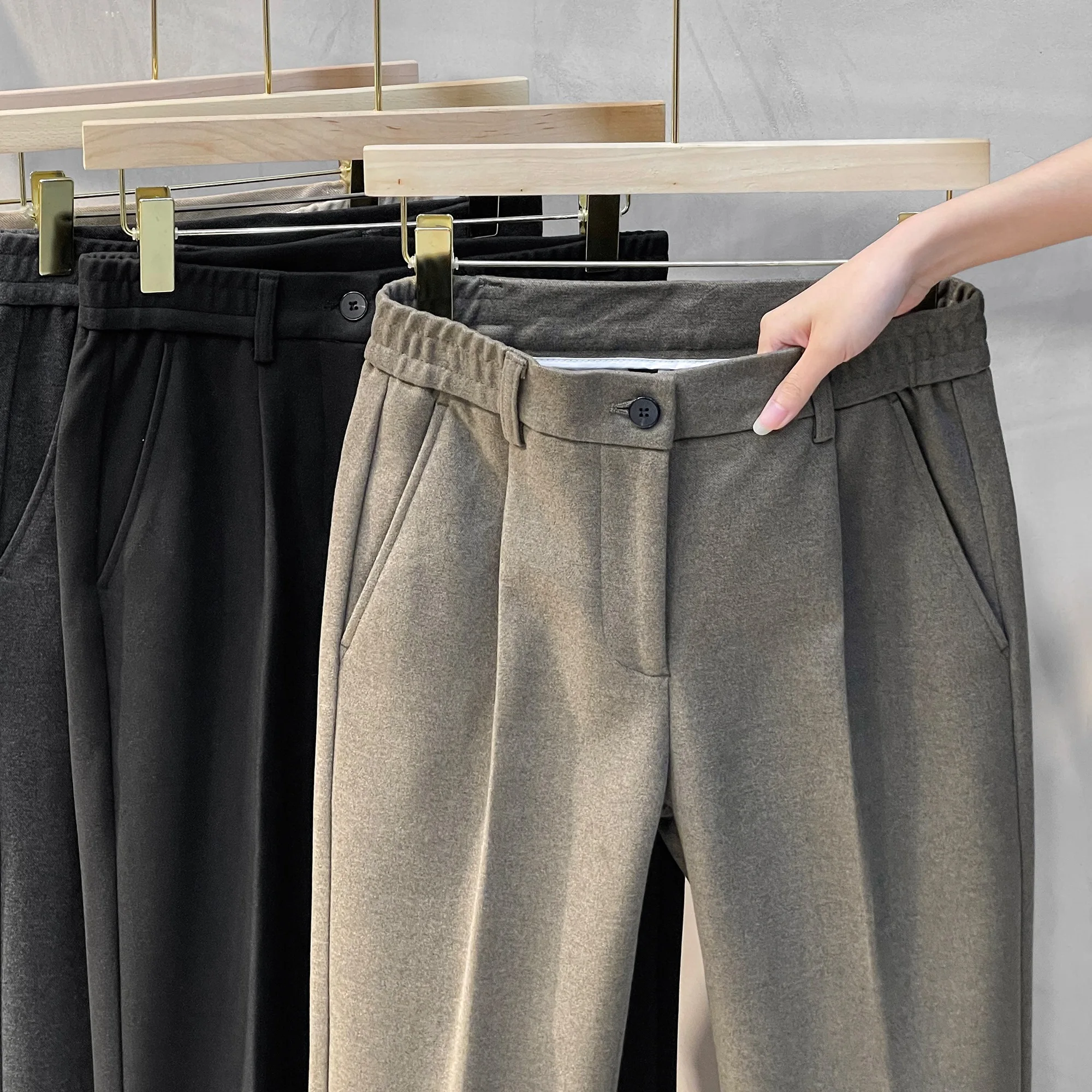 

Men's Woolen Straight Leg Thiened Autumn Winter Casual Pants Korean Faion Warm Nine Points Youth Active Sle Classic Sol...