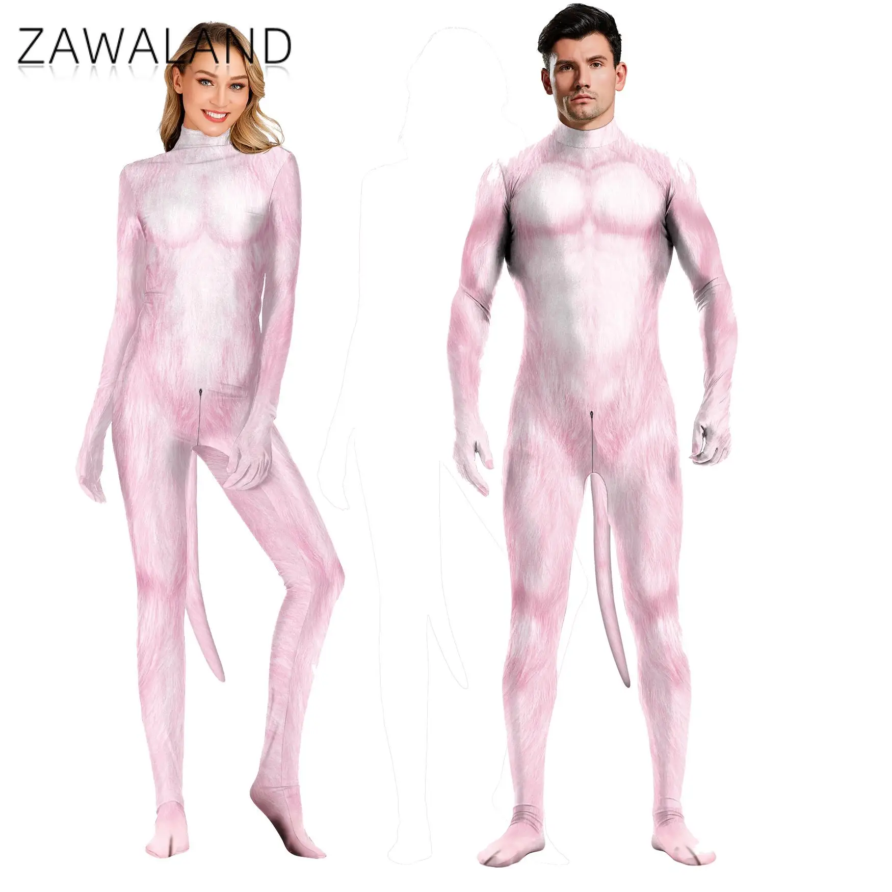 

Zawaland 3D Printed Animal Cosplay Costume Sexy Zentai Bodysuit Fancy Outfit Full Body Suit Unisex Rubber Catsuit with Tail