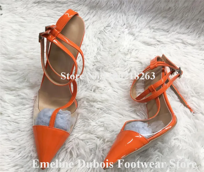 PVC Patchwork Pumpen Emeline Dubois Spitz Neon Gelb Klar Transparent Stiletto Ferse Schuhe Ankle Straps High Heels Größe 45