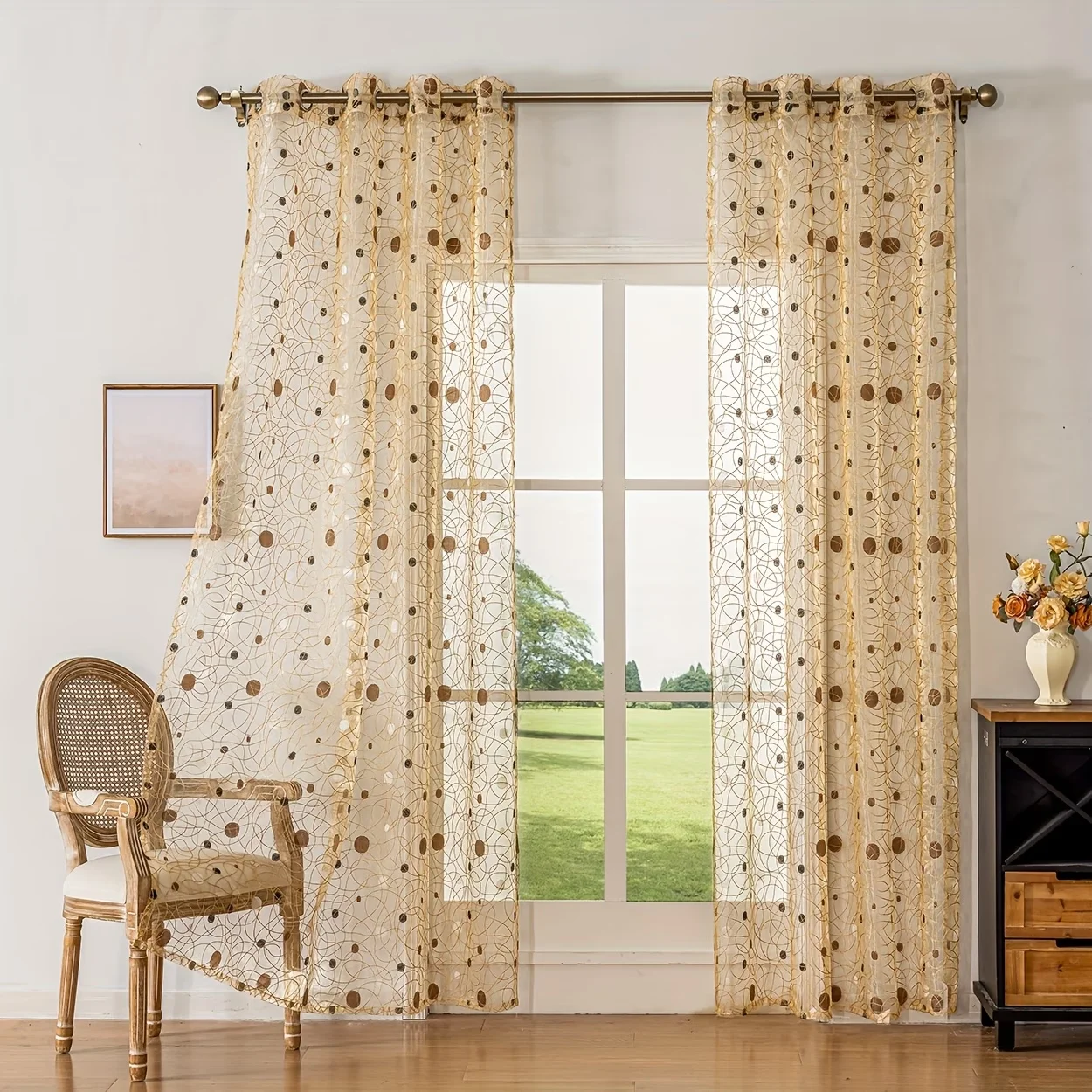 1pc Gold Abstract Circle Embroidered Sheer Curtain, Semi-Transparent Voile Window Panel For Living Room & Bedroom Decor