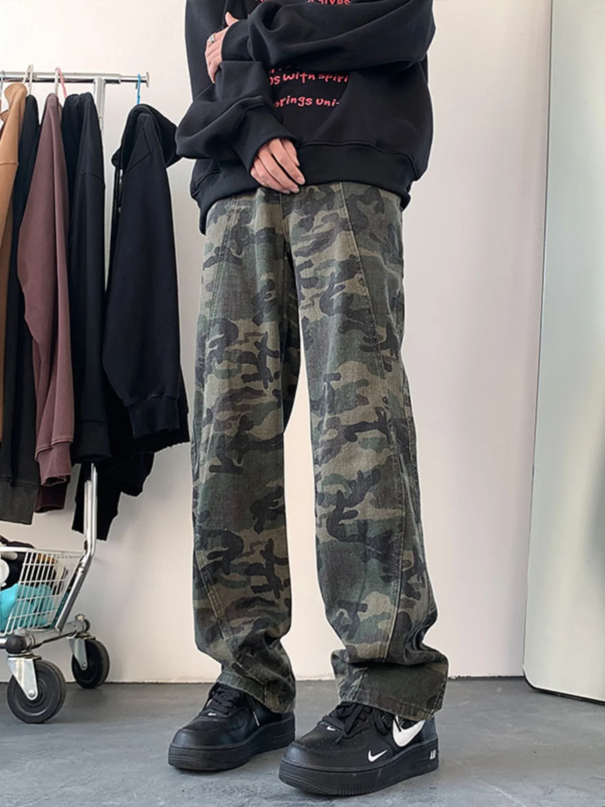 

Cleanfit Camouflage Denim Workwear Pants Men's Autumn Winter American Retro Deconstructed Flared Casual Trousers