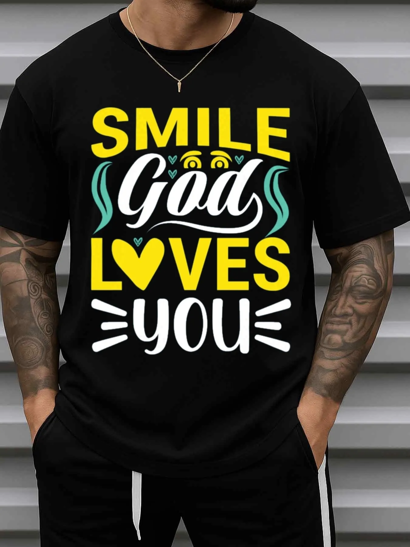 Men's Faith Comfort Color Series T-Shirt with Christian Design - Black Base Shirt with Colorful Inspirational Messages, Happy Smiling Faces, and Heart Designs, Casual Round-Neck Short-Sleeve T-Shirt, Suitable for Church, Casual Wear, and Easter Gifts