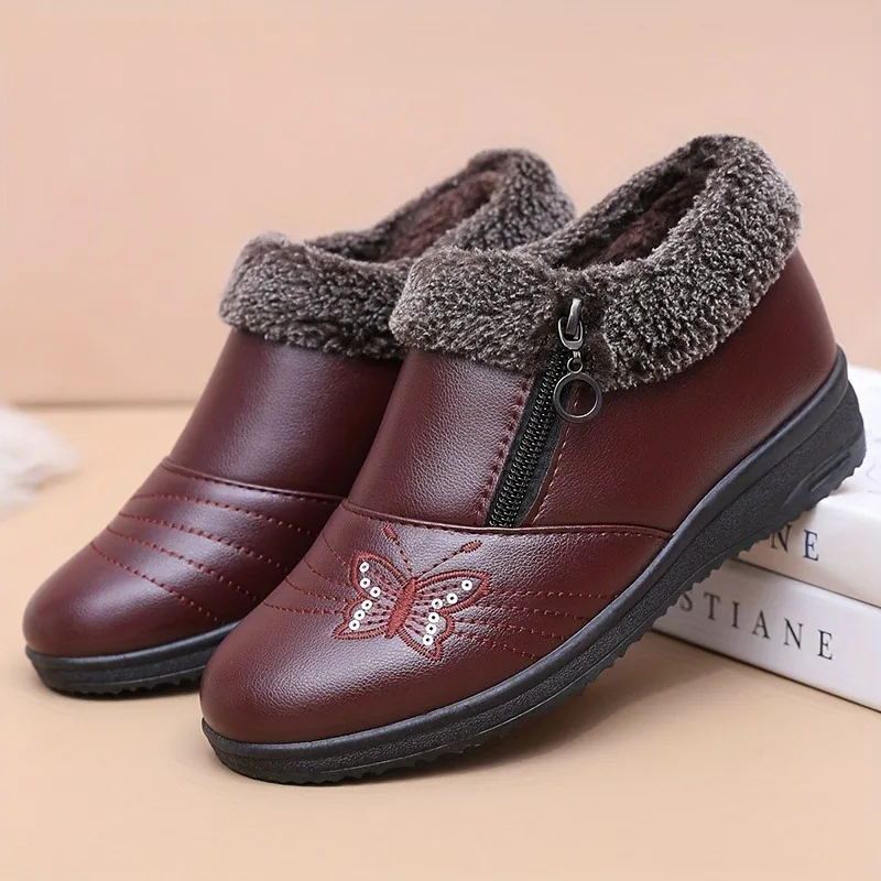 

Women's Cotton Shoes, Winter Flat Anti Slip Shoes with Added Velvet, Low Cut Leather Shoes for Middle-aged and Elderly People