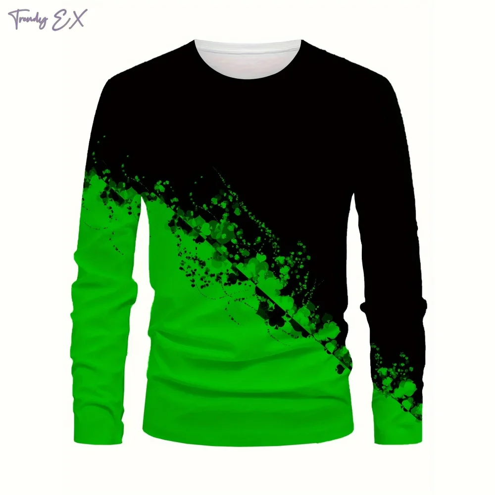 Cool Geometric Print T Shirt Men Street Sports O-Neck Y2k Graphic T Shirts Tops Fashion Running Long Sleeve Gym Clothing Men