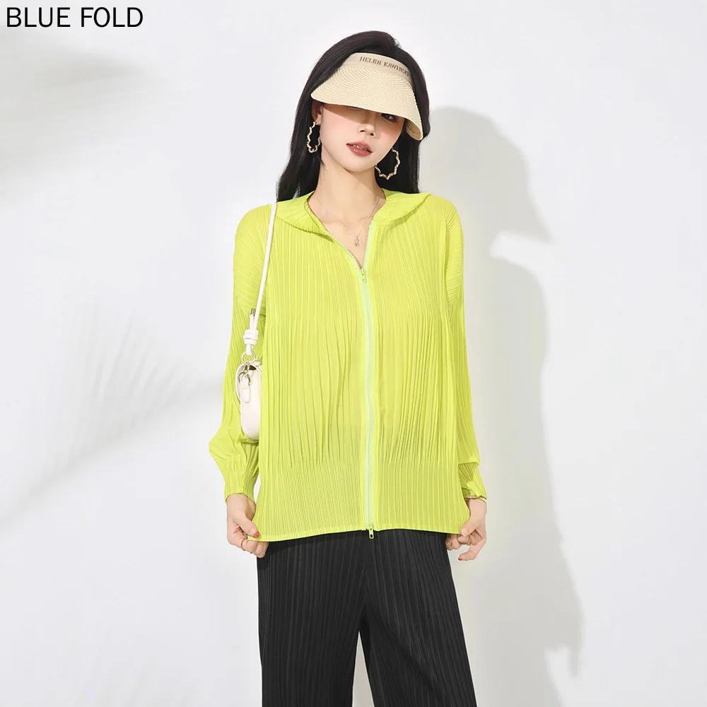 

Miyake Hooded Jacket Summer New Fashion Casual Wild Loose Big Yards Zipper Long-sleeved Top Female