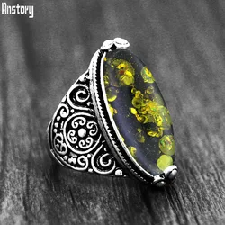 Vintage Eye Shape Synthetic Green Ambers Rings For Women Antique Silver Plated Flower Fashion Unique Jewelry Ring