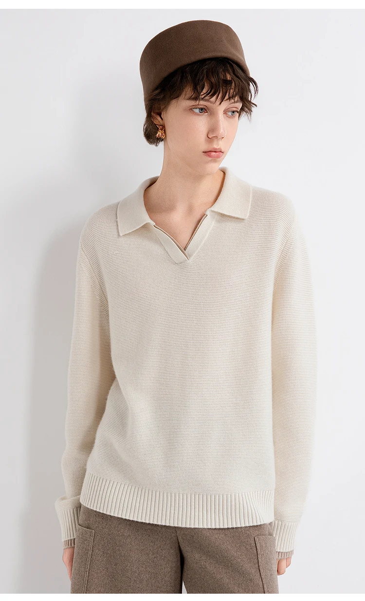 TX862182 Damen-Pullover mit Polokragen und offenem V-Ausschnitt aus Wolle-Kaschmir-Mischung, entspannte Passform, dezenter Luxus für den frühen Herbst. – Detail 3