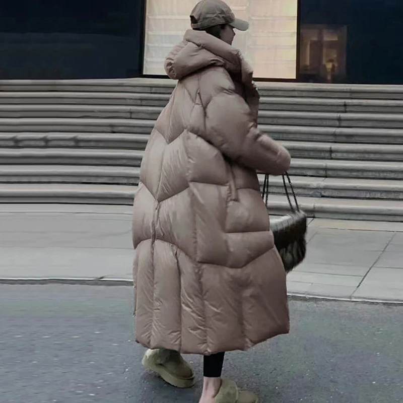 Winter Feste Lange Mit Kapuze Unten Jacke Weibliche Dicke Warme Outdoor Parka Outwear Frauen Weiße Ente Unten Lose Knie Länge Unten Jacke
