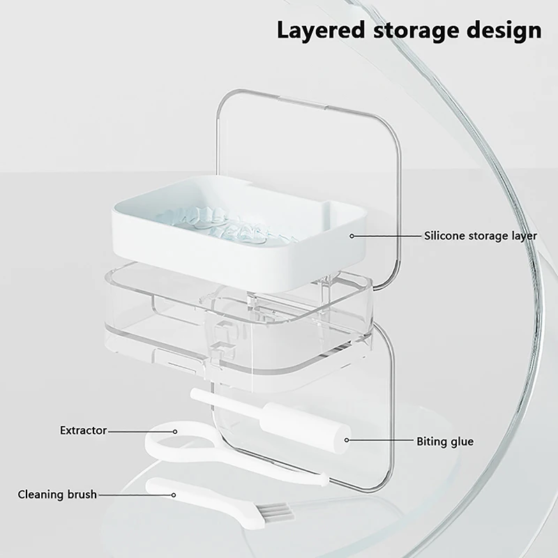 Kotak penyimpanan kawat gigi, 2 lapisan ortodontik penahan kawat gigi dengan perendaman gigi tiruan pembersih gigi penyimpanan portabel