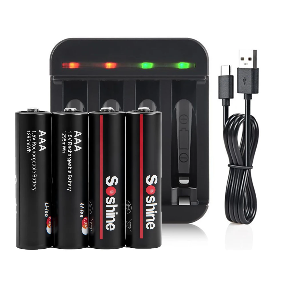 

1.5V AAA 1295mWh Rechargeable Li-ion Battery with 4-Slot Smart Charger High Capacity Long Life Toys Remote Controls Flashlights