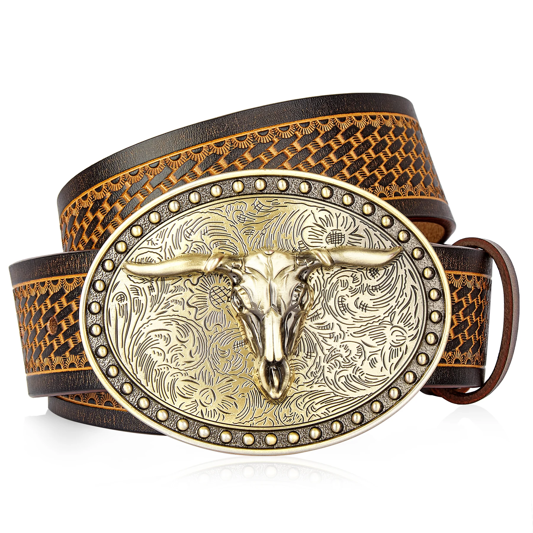 Western Belt Leather Gold Longhorn Bull Rider BullBlack Belt for Pants Size 46 Amazon.com: JIARY Men main image 2