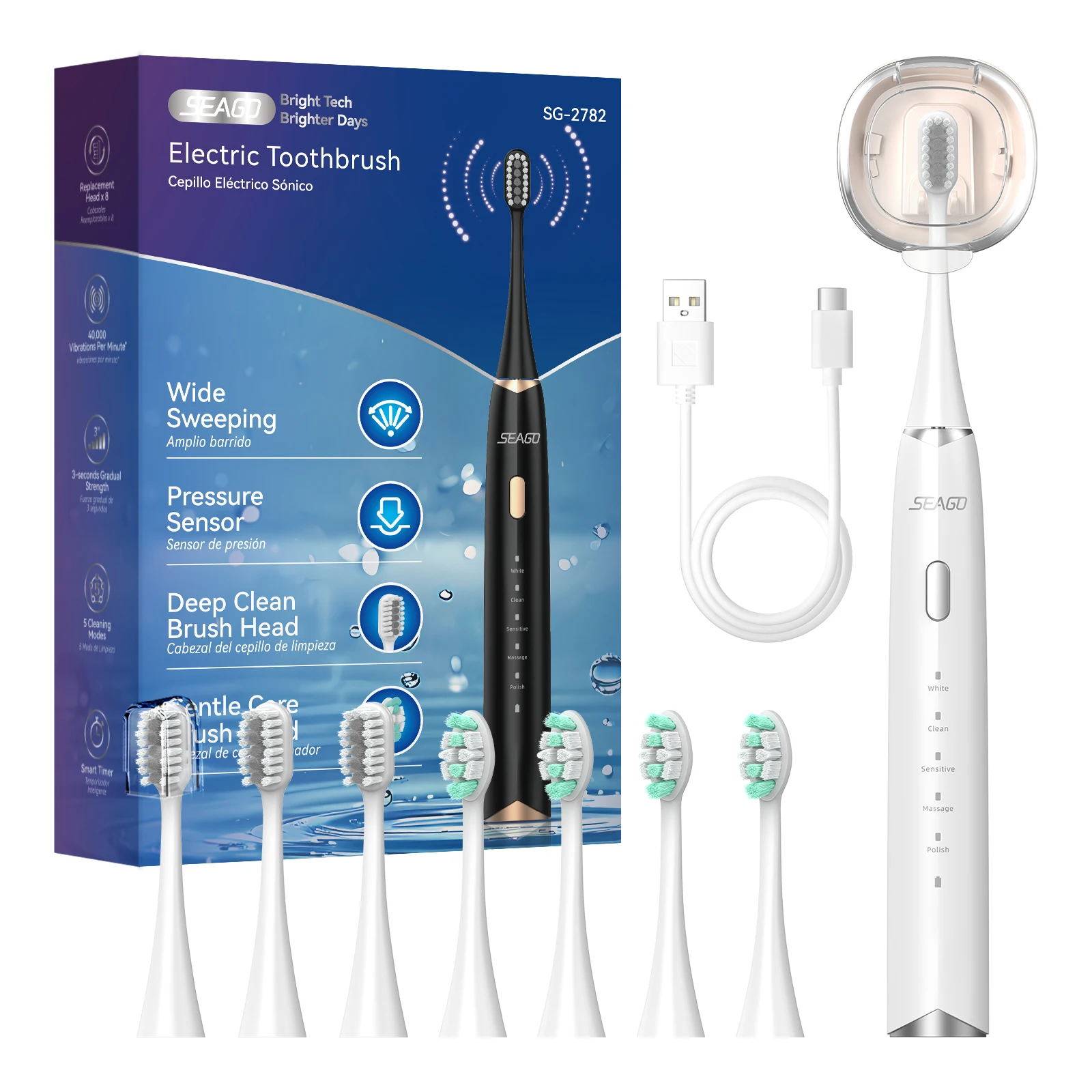 seago-sg-2782-electric-toothbrush-waterproof-sonic-adult-smart-home-with-8-brush-heads-and-dust-cover-included