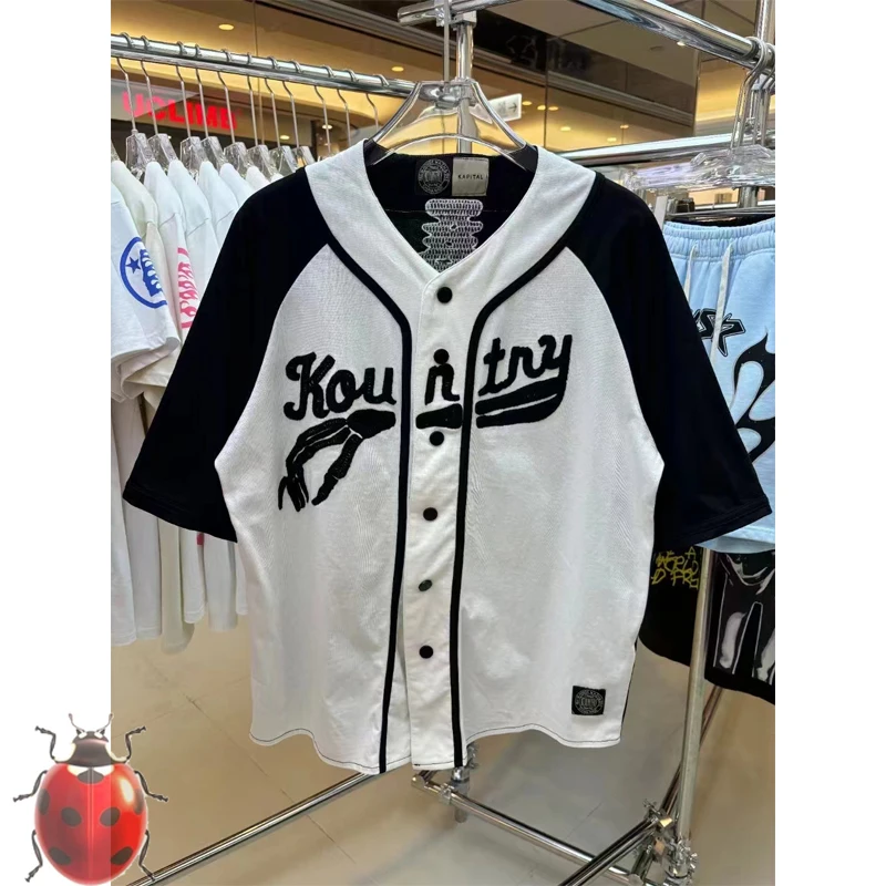 Kountry Hand Bone KAPITAL Baseball Short Sleeve Shirt Men Women Back Embroidery Skulls Skeleton Pattern Casual Shirts Tops