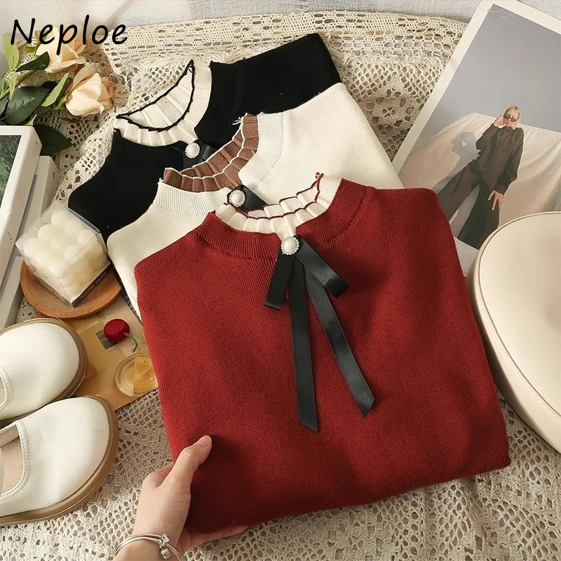 Neploe Half-high Collar Bow Pullovers 2024 Fashion New Bottoming Tops Women Y2k Fake Two Piece Long Sleeve Sweater Mujer