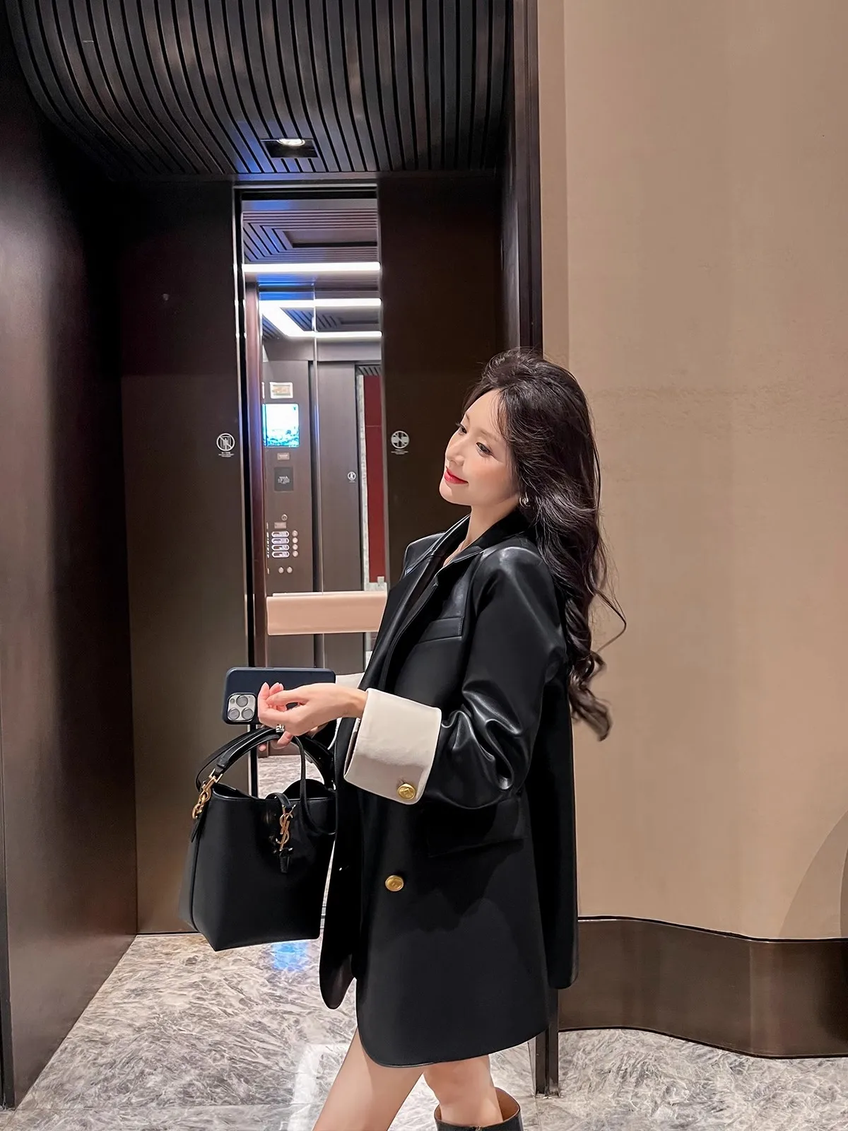 Chaqueta hoada de cuero PU nea para mujer, diseño de bloques de Color, estilo informal y cómodo, versión coreana, abrigo ...