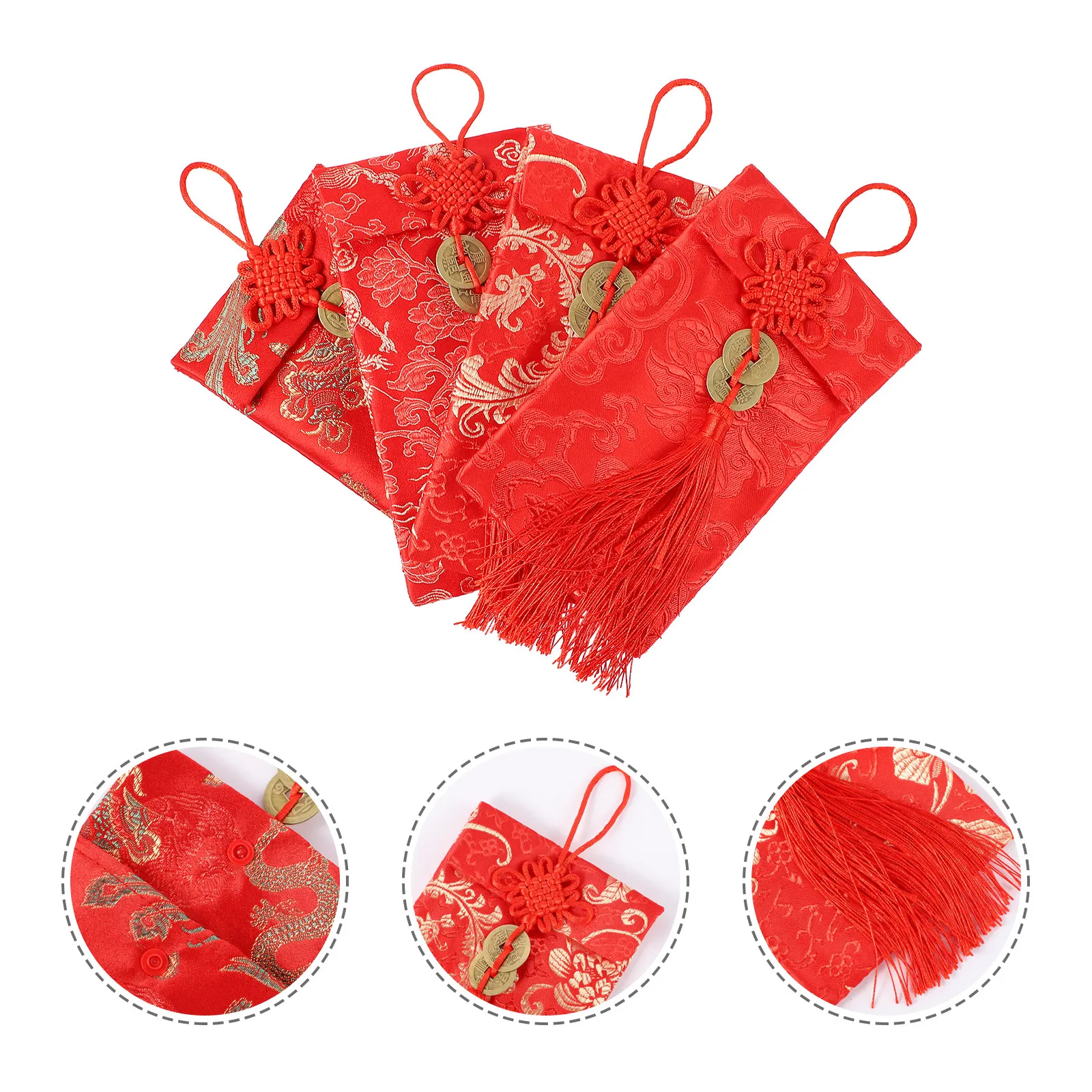 

4Pcs Red Envelopes Set Fabric Spring Festival Wedding Money Bags Chinese New Year Gift Bags Decorative Red Packets for Party