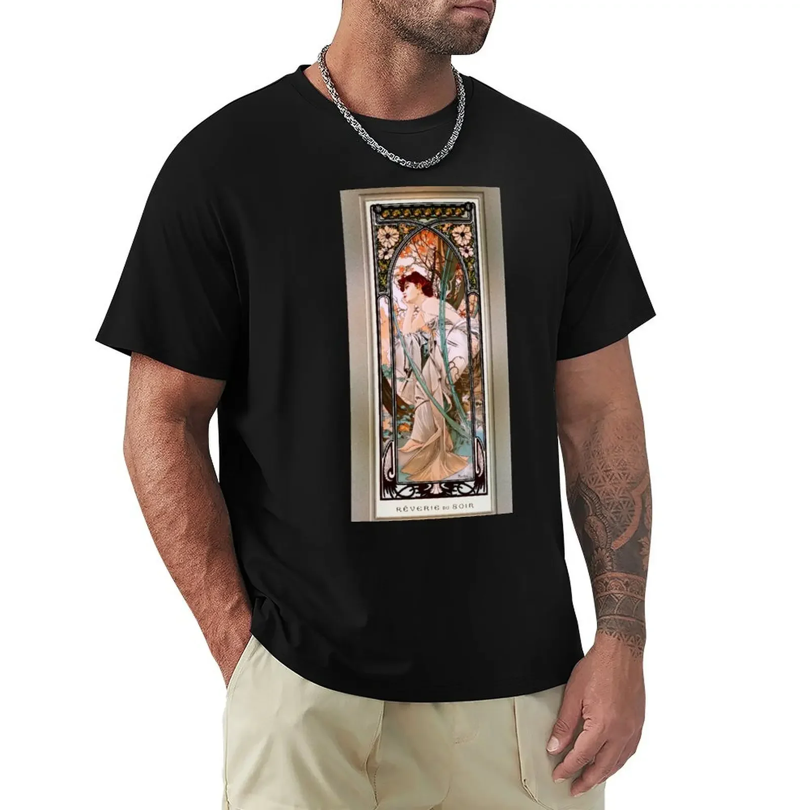 Evening Reverie by Alphonse Mucha Remastered Xzendor7 Vintage Art Reproductions T-Shirt graphic shirts oversized t shirt men