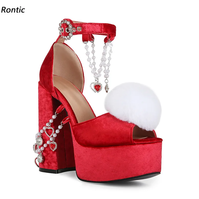 Rontic – sandales à plateforme en velours pour femmes, talon bloc, bout ouvert, chaîne en forme de cœur avec perles, sangle à la cheville, chaussures de fête Lolita, taille 5-20