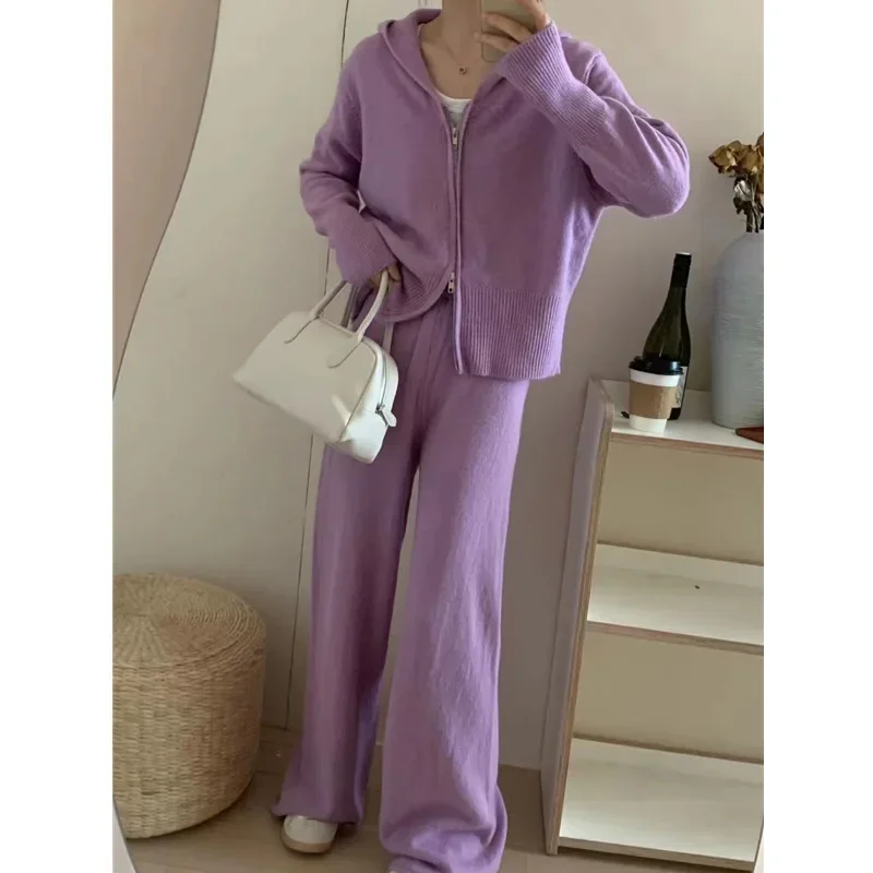 Pajamas for Women Casual Knitted Pants Home Suit Autumn Fashion Zip Up Sweater Hoodie Pants 2 Piece Set Tracksuit Winter Outfits