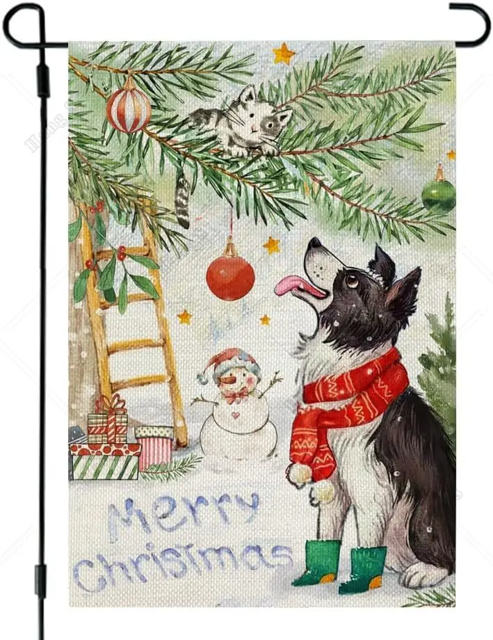 Merry Christmas Border Collie Dog Garden Flag 12x18 Inch Double Sided Small for Outside Snowman Holiday Yard Flag Polyester