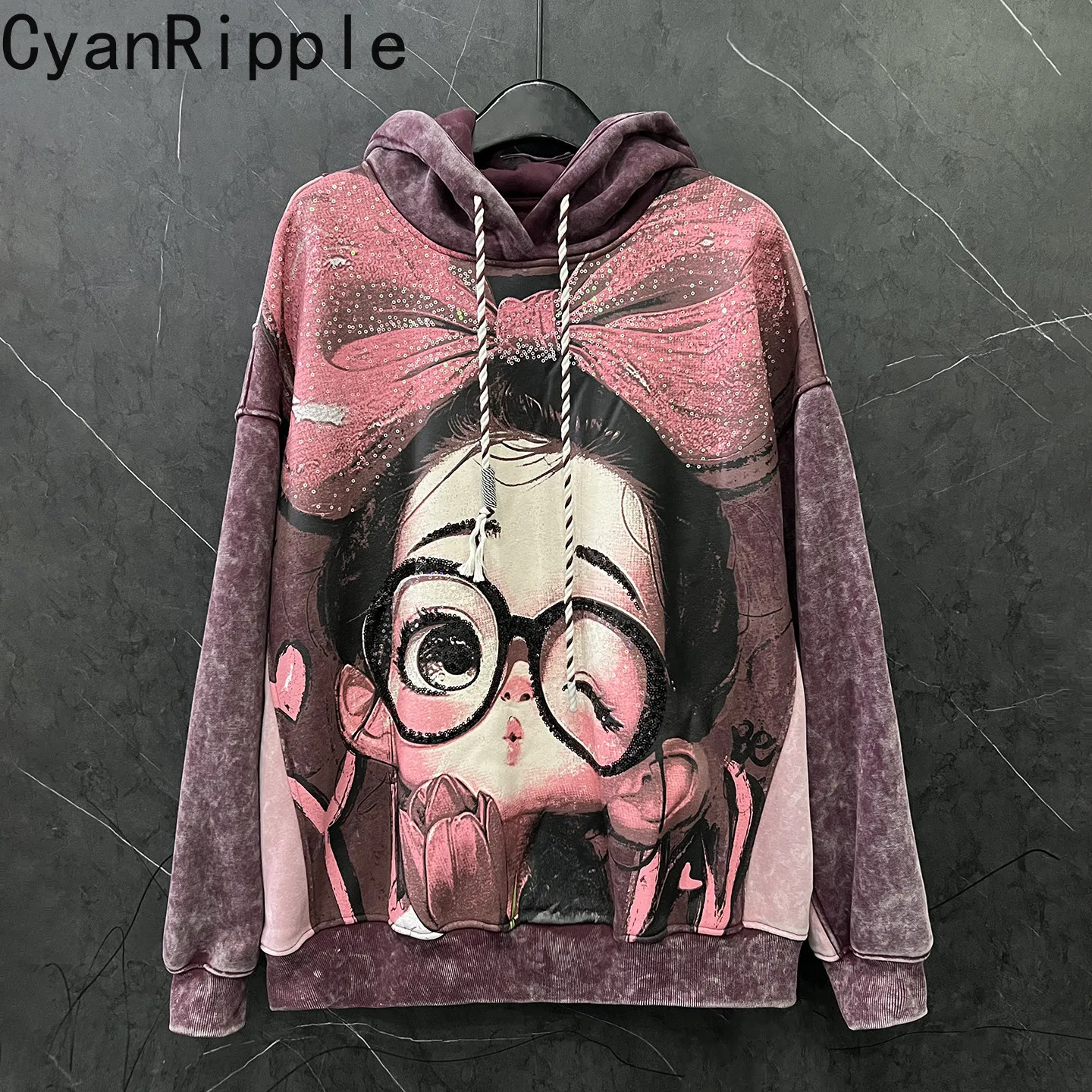 

Age Reduction Autumn Winter Women Sweatshirt Embroidery Sequins Cartoon Printed Hooded Pullover Top Thicken Fleece Loose Hoodies