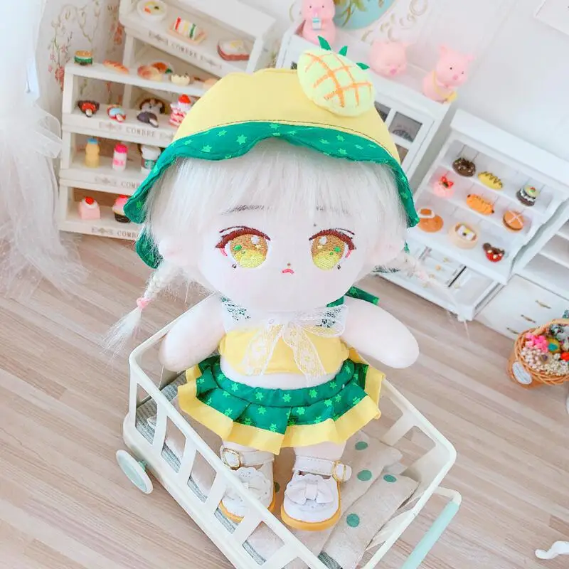 Cute Doll Clothes Set for Pineapple Bikini, Fisherman Hat, Kawaii Cotton Plush Doll, Dressing Up Games, Kids Girls Gifts, 20cm