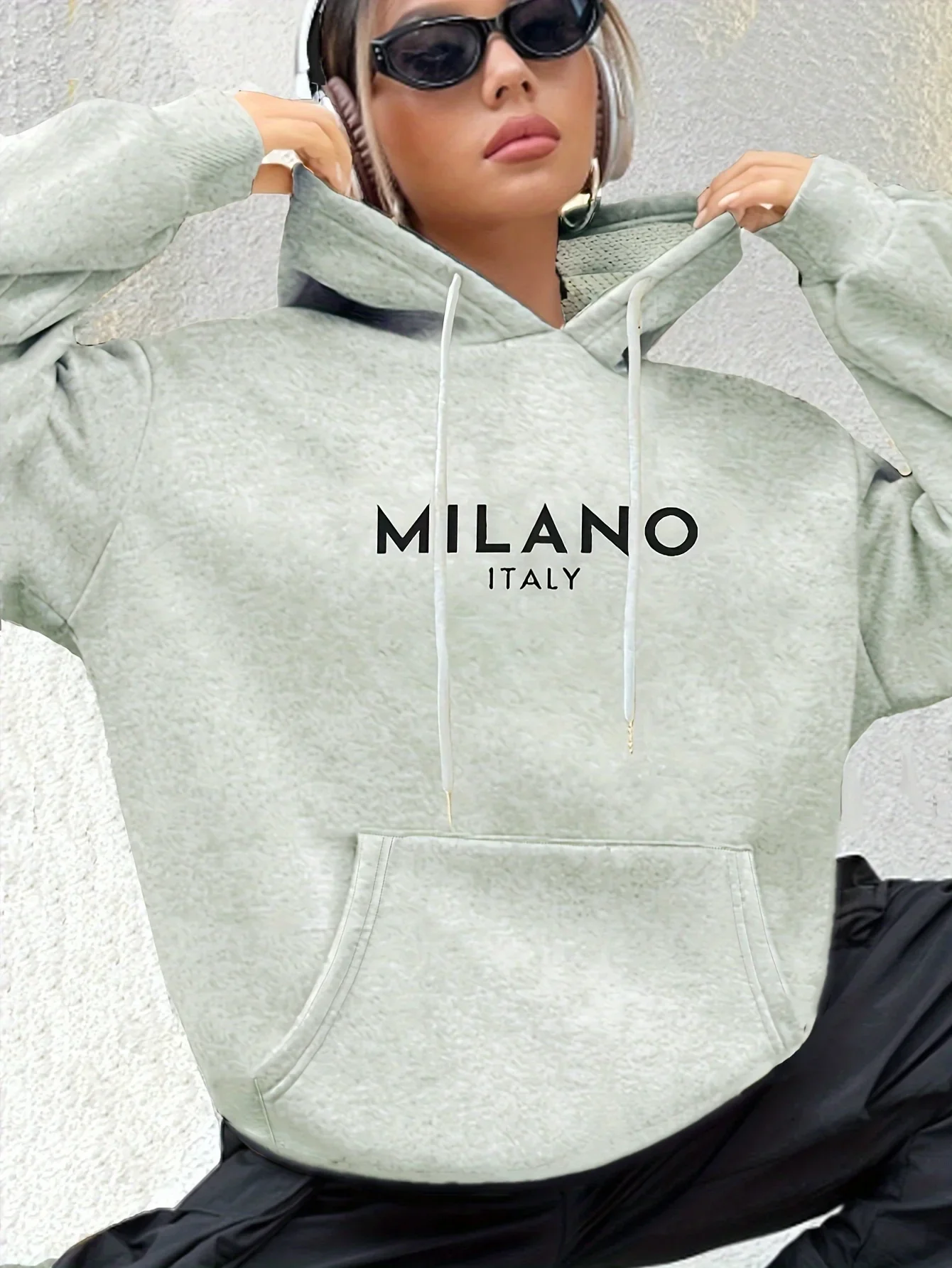 Milano Print Kangaroo Pocket Hoodie Casual Long Sleeve Drawstring Hoodies Sweatshirt Women's Clothing