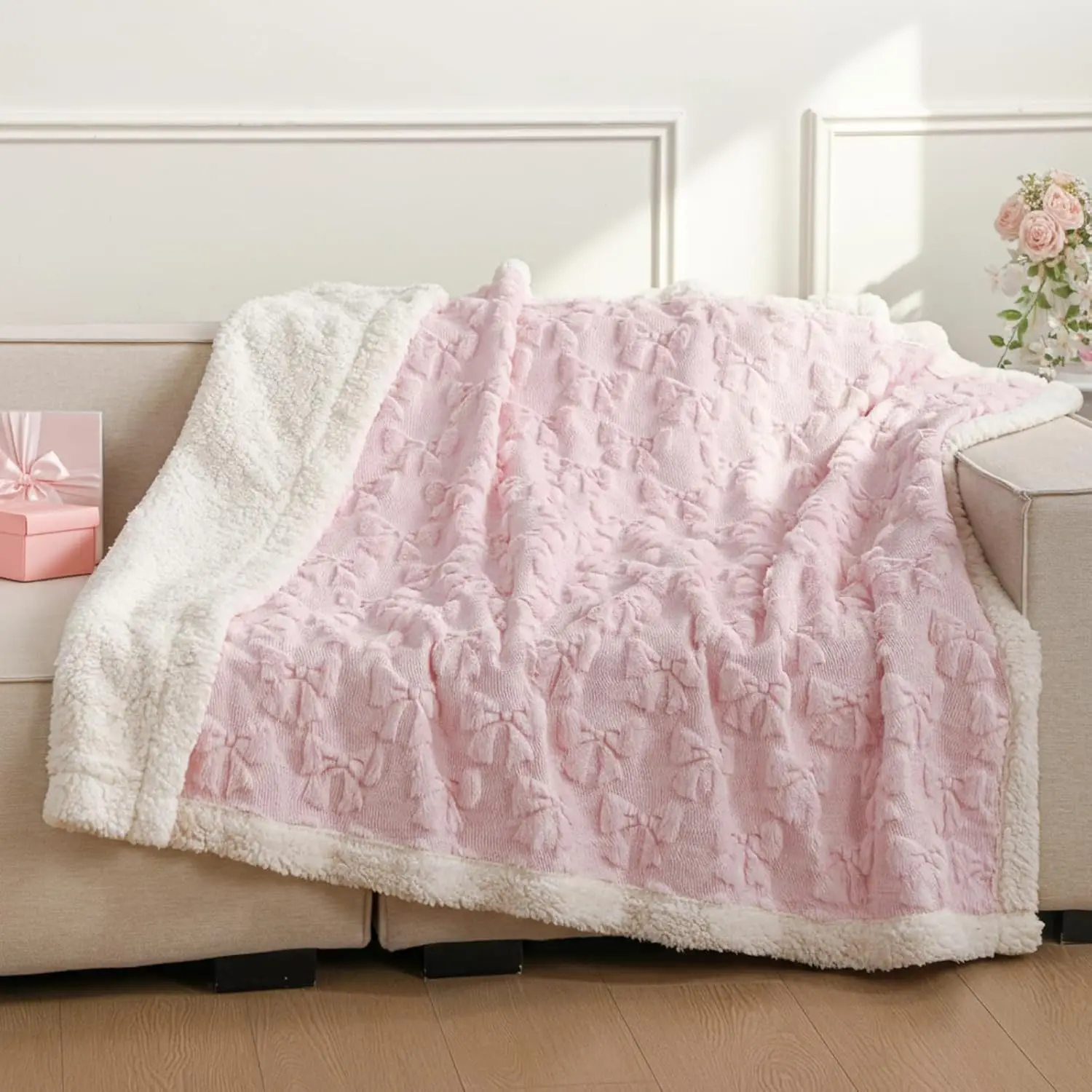 

50"x 60" Coquette Pink and White Plush Thick Warm Soft Cute Blanket for Bed Sofa Couch Aesthetic Preppy Bedding Stuff Room Decor