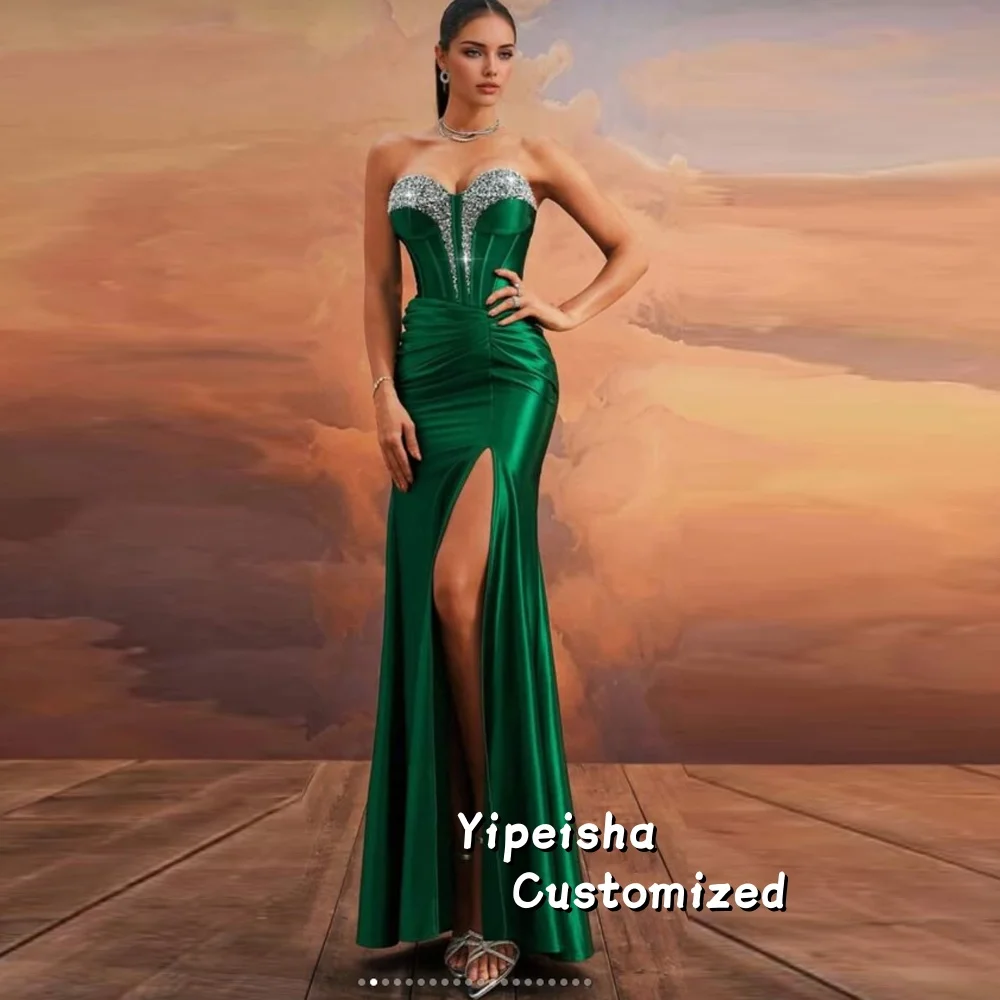 

Sexy Dark Green Evening Dresses High Split Sweetheart Mermaid Satin Shiny Formal Prom Gowns Robe De Soiree Customized