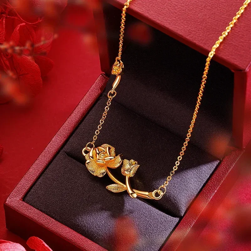 

9999 Real Gold 24K Premium Sunset Romantic Rose Clavicle Necklace Gold Niche Design Rose Flower Necklace