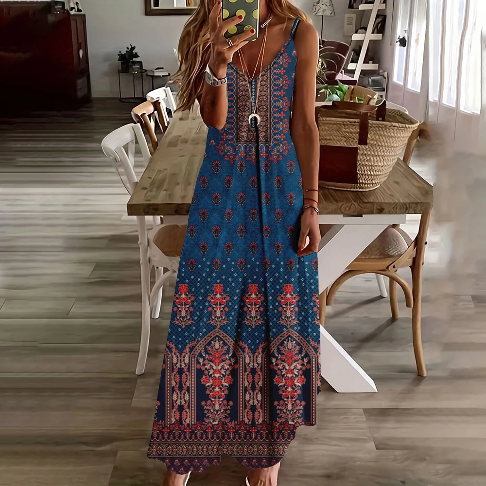 Vintage Tribal Ethnic Print Spaghetti Strap Dress Women Elegant Dinner Party Long Dresses Bohemian Sleeveless A-line Maxi Dress