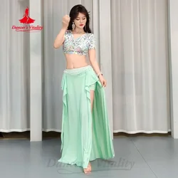 Belly Dancing Costume Set Senior Printed Mesh Top+Sexy Split Long Skirt 2pcs Women Oriental Dance Professional Practice Clothes